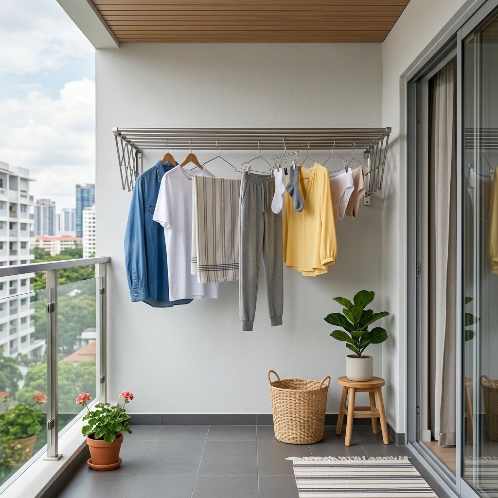 Modern wall-mounted cloth hanger system on apartment balcony