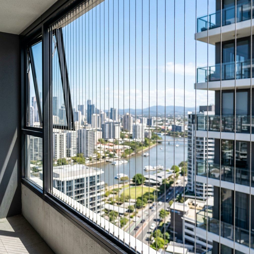 Apartment block with invisible grill protection system