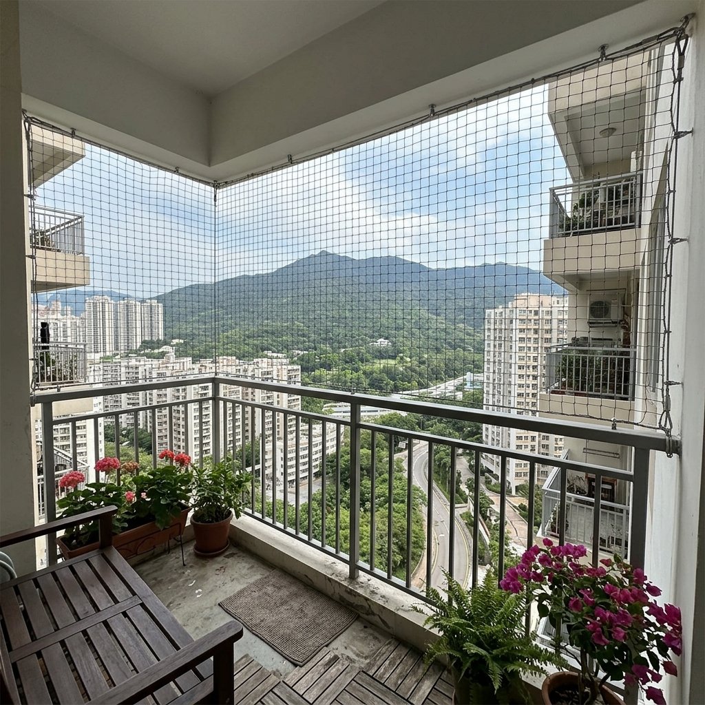 Monkey safety net protecting apartment balcony from animal intrusion