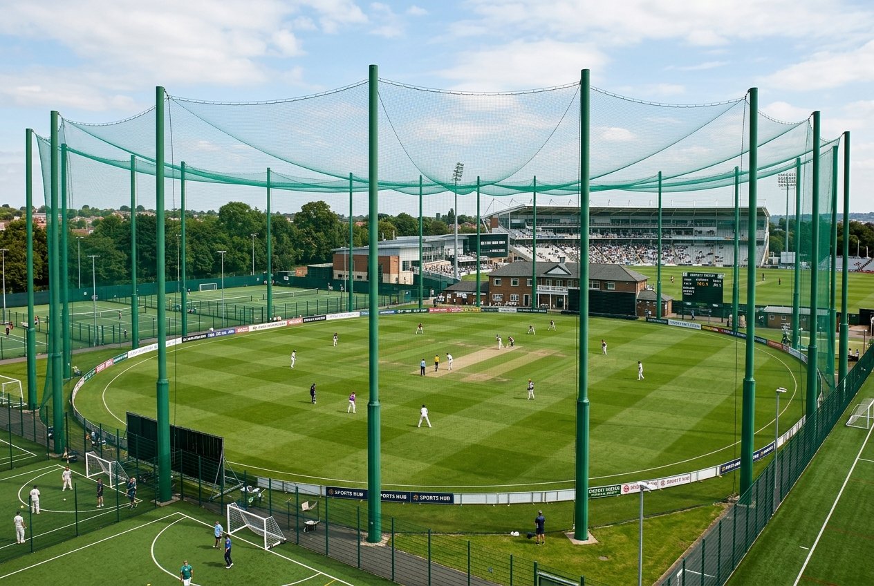 Large outdoor sports facility with perimeter netting