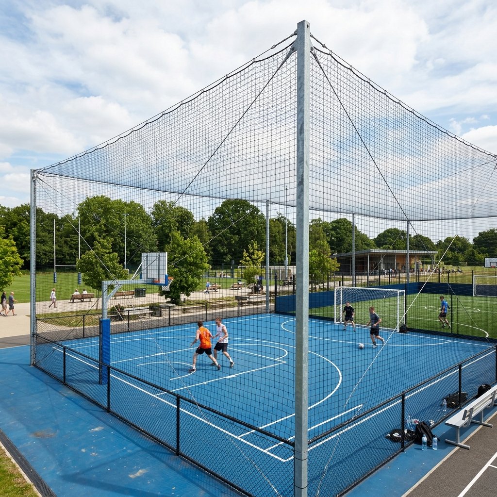 Sports safety nets installed around sports court perimeter